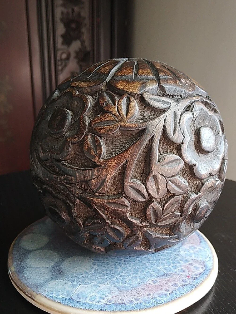 Carved Floral Decorative Wood Sphere